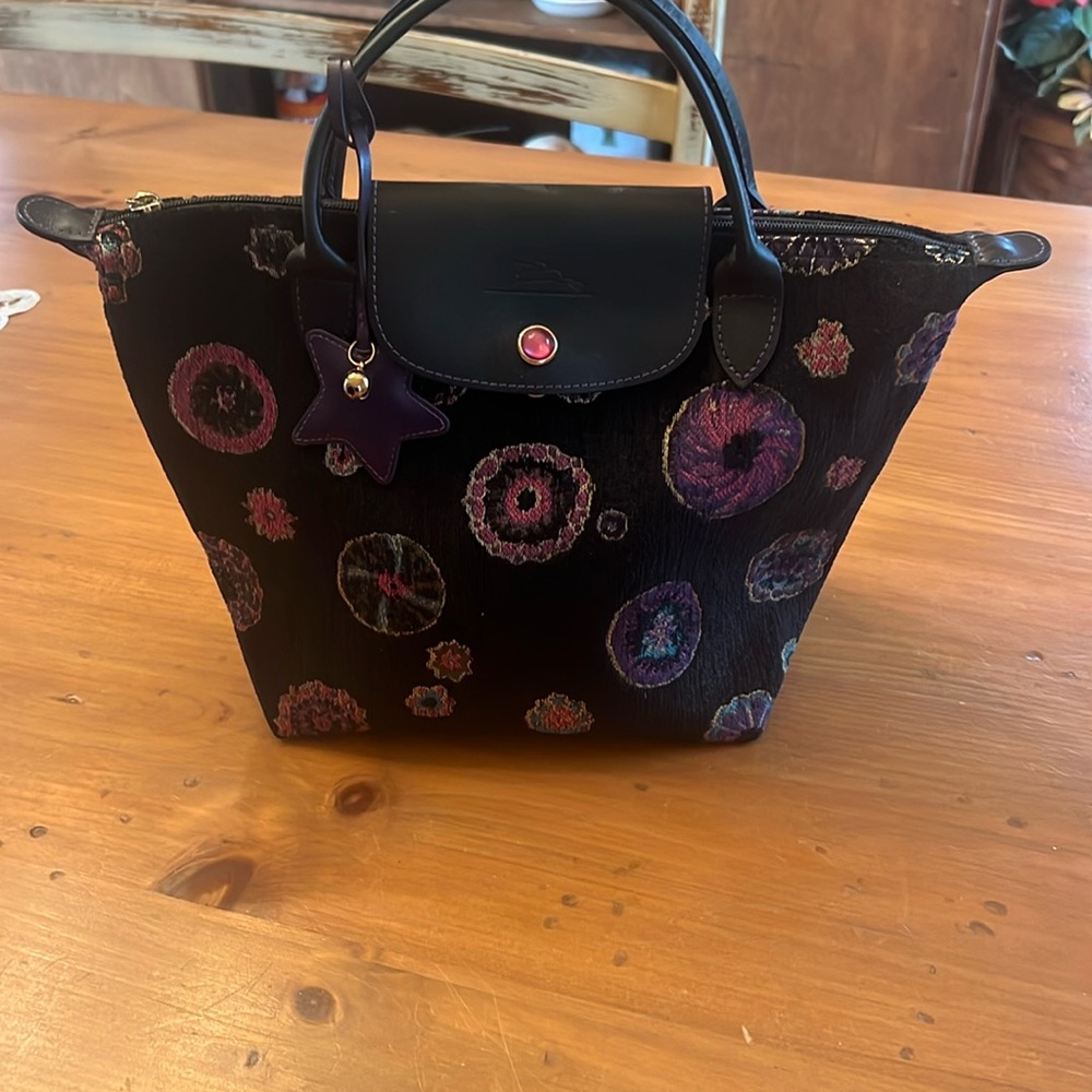 Longchamp Embossed Velvet /Tapestry and Leather Handbag